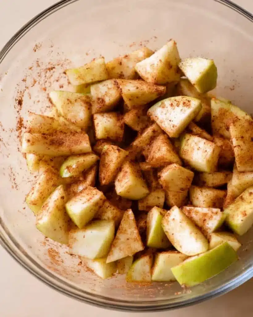 Chopped apples with cinnamon in a glass bowl for air fryer apples recipe