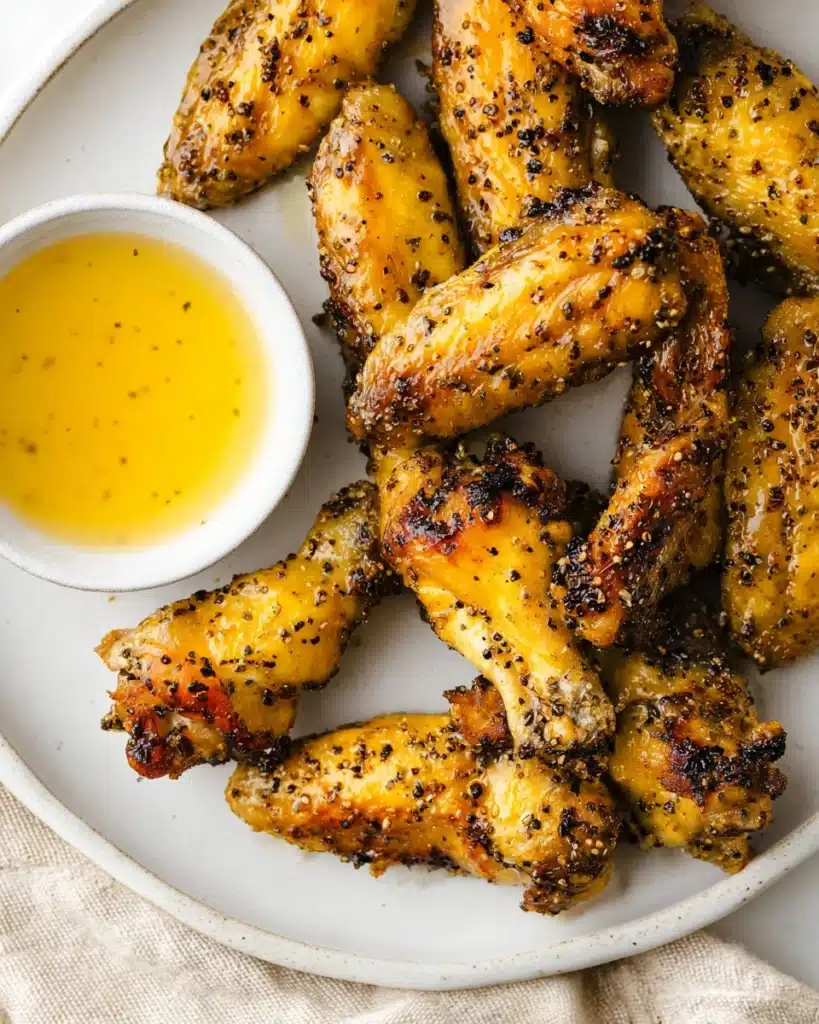 Crispy lemon pepper air fryer chicken wings served with dipping sauce