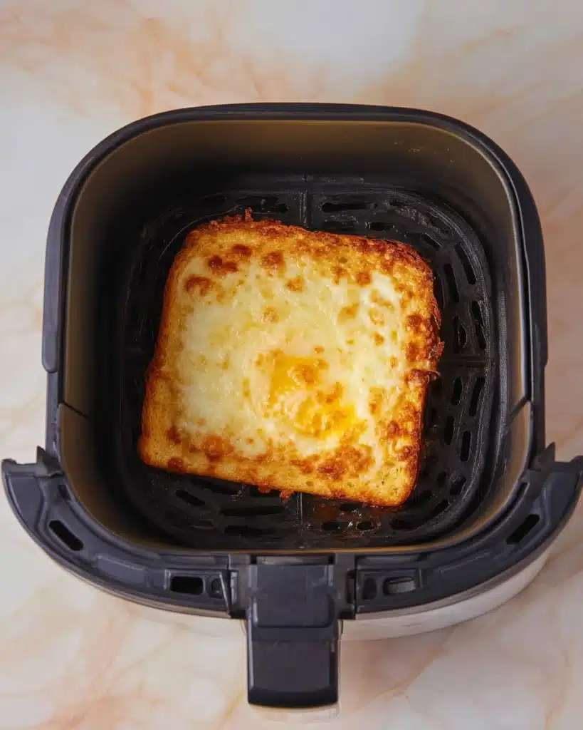Air Fryer Egg And Cheese Toast 4 Golden air fryer egg and cheese toast cooked in air fryer basket