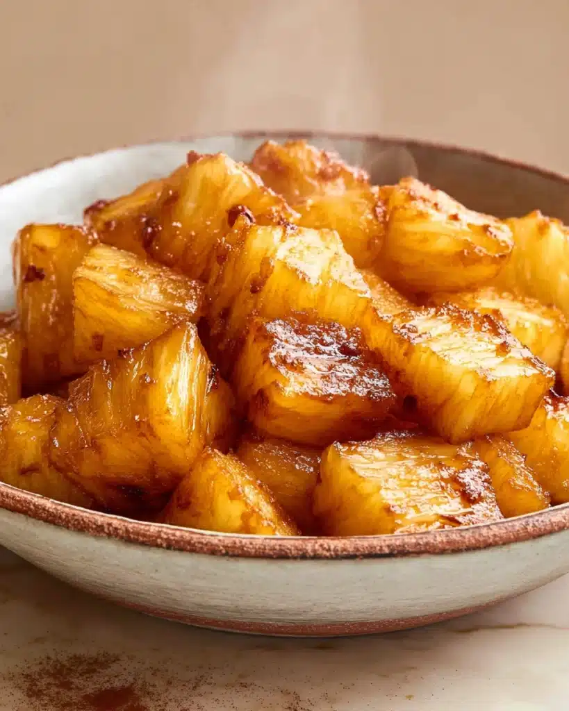 AIR FRYER PINEAPPLE (CARAMELIZED AND SWEET IN MINUTES) 1 Caramelized air fryer pineapple chunks in a rustic bowl