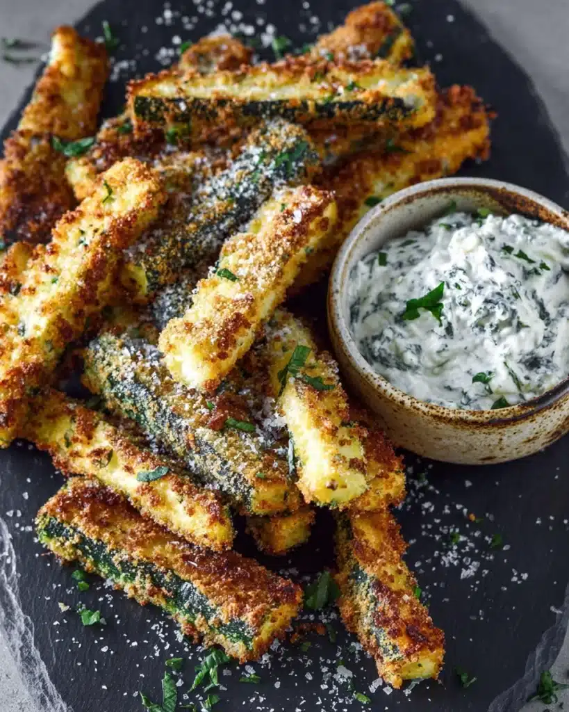 Crispy air fryer zucchini fries with parmesan and creamy dip on a plate