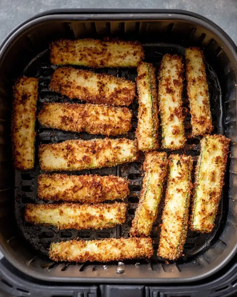 Air fryer zucchini fries cooking to crispy golden perfection