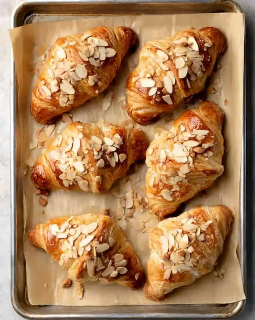 Almond Croissants 8 Freshly baked almond croissants with toasted almonds on parchment tray