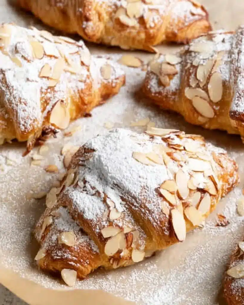 Almond Croissants 9 Golden almond croissants dusted with powdered sugar on parchment paper
