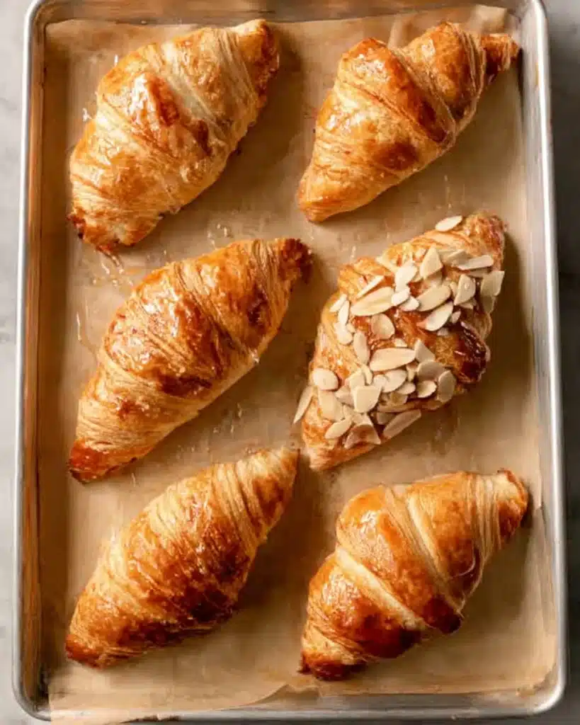 Almond Croissants 7 Unbaked almond croissants on parchment-lined baking tray