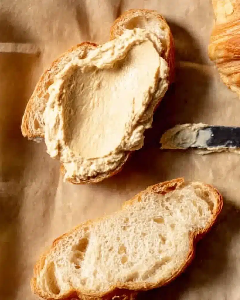 Almond Croissants 6 Spreading almond filling on croissant halves for almond croissants
