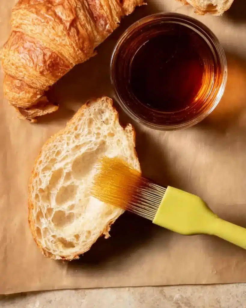 Almond Croissants 5 Brushing almond syrup on sliced croissants for almond croissant recipe