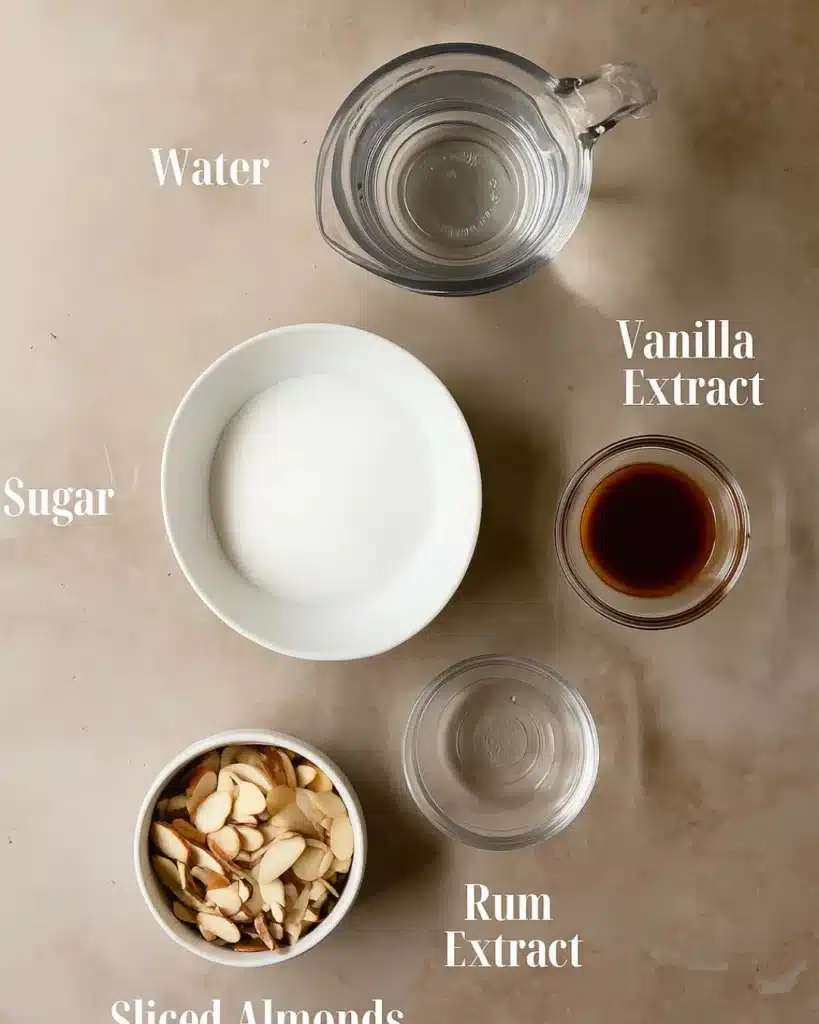 Almond Croissants 2 Ingredients for almond croissant syrup and topping on beige marble surface