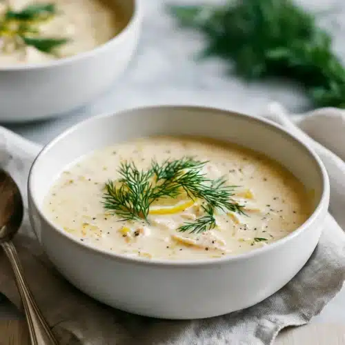 Avgolemono Soup (Greek Lemon Chicken & Rice Soup) 7 Creamy Greek lemon chicken soup with dill in a white bowl on a light surface