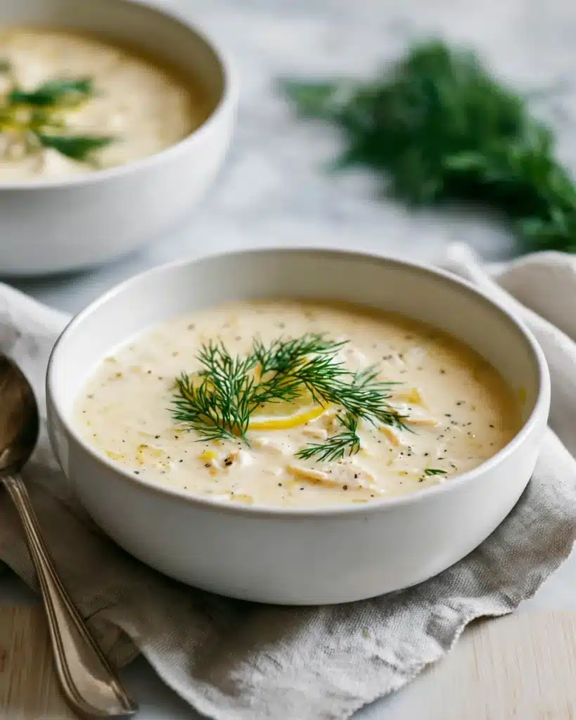 Avgolemono Soup (Greek Lemon Chicken & Rice Soup) 1 Creamy Greek lemon chicken soup with dill in a white bowl on a light surface