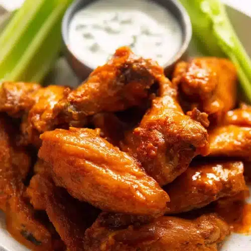 Crispy baked Buffalo wings with blue cheese dip and celery sticks
