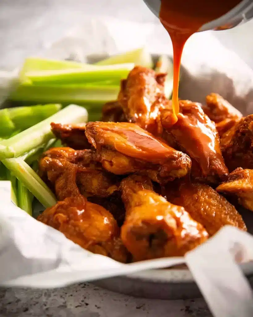 Crispy baked Buffalo wings coated in spicy sauce with blue cheese dip