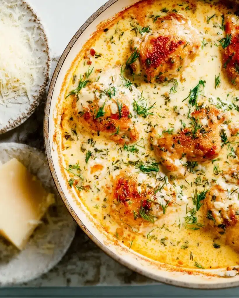 Baked Chicken Thighs (Creamy Garlic Butter Style) 1 Creamy garlic butter chicken thighs in skillet topped with fresh herbs