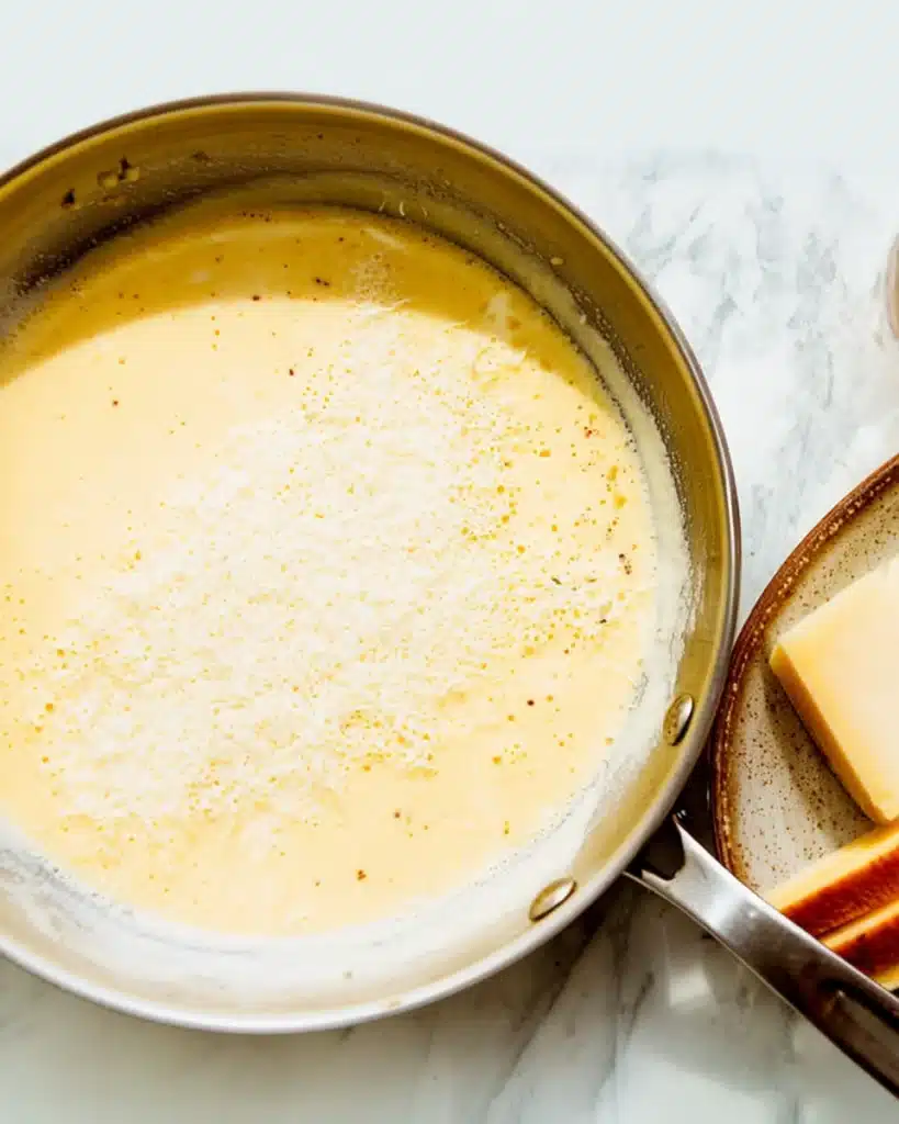 Baked Chicken Thighs (Creamy Garlic Butter Style) 4 Creamy garlic Parmesan sauce in skillet for baked chicken thighs