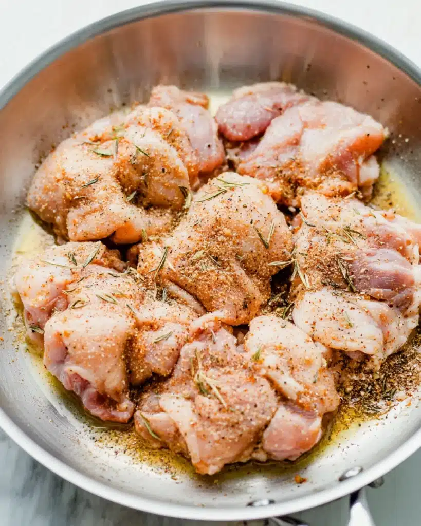 Baked Chicken Thighs (Creamy Garlic Butter Style) 2 Raw seasoned chicken thighs in skillet before searing