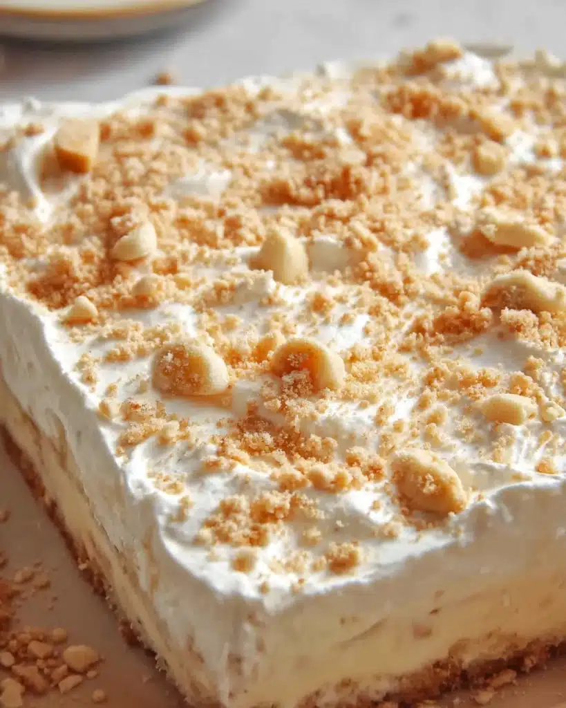 Banana pudding poke cake topped with crushed vanilla wafers