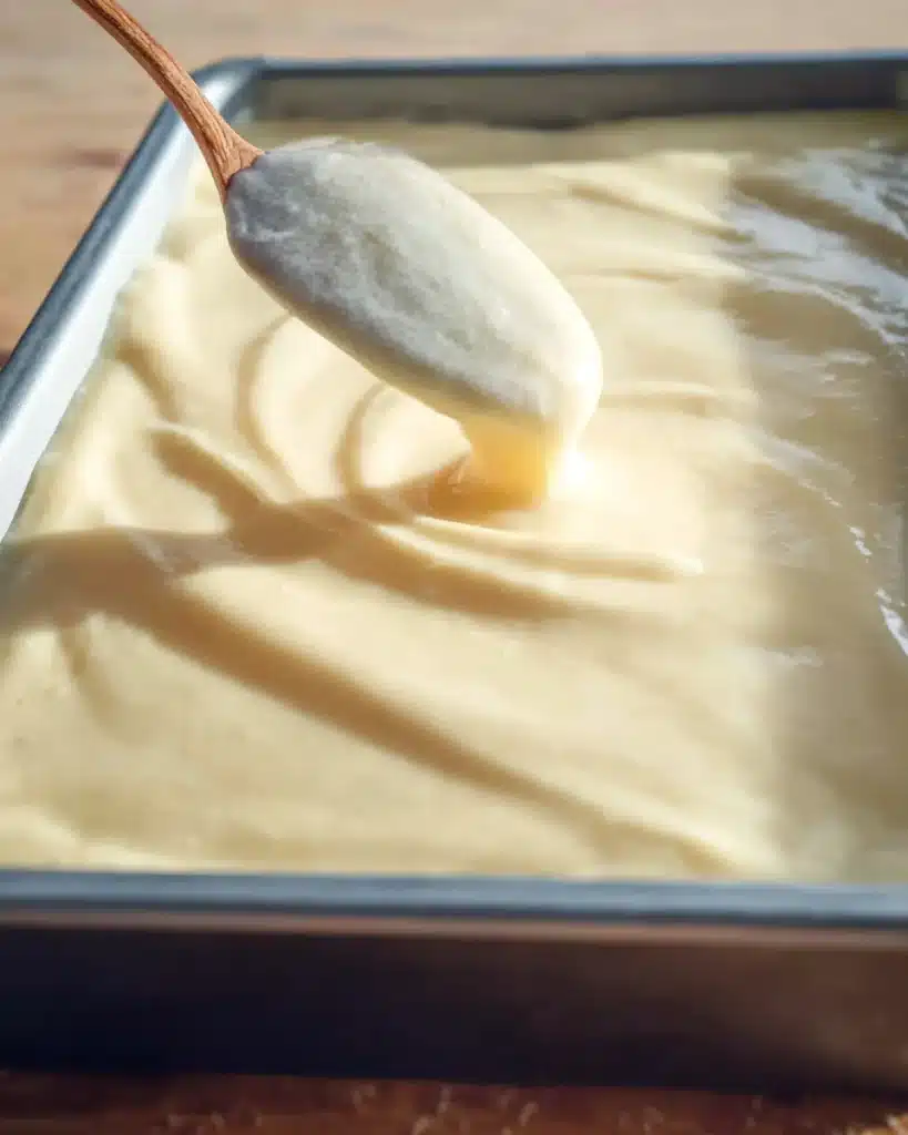 Smoothing banana pudding layer over poke cake with spoon