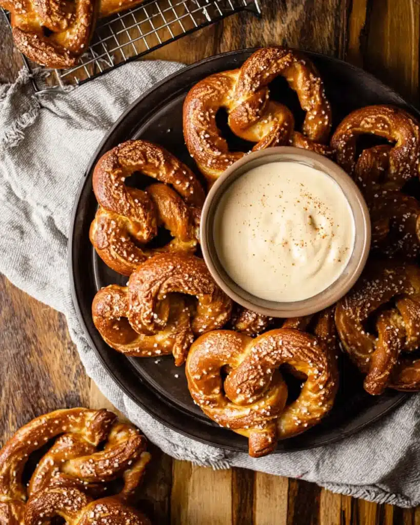Beer Cheese Recipe – Creamy, Tangy, and Ready in 15 Minutes 1 Soft pretzels on a tray with a bowl of creamy beer cheese dip on a rustic wooden table