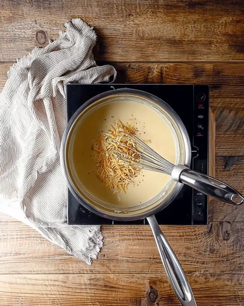 Beer Cheese Recipe – Creamy, Tangy, and Ready in 15 Minutes 3 Adding shredded cheese and spices to creamy beer cheese in a saucepan