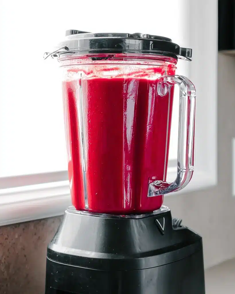 Smooth beet soup blending in a high-powered blender