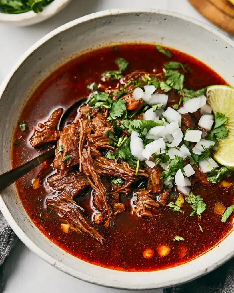 Slow Cooker Birria (Tender & Flavorful Mexican Beef Stew) 1 Slow cooker birria beef stew with cilantro, onions, and lime in a white bowl