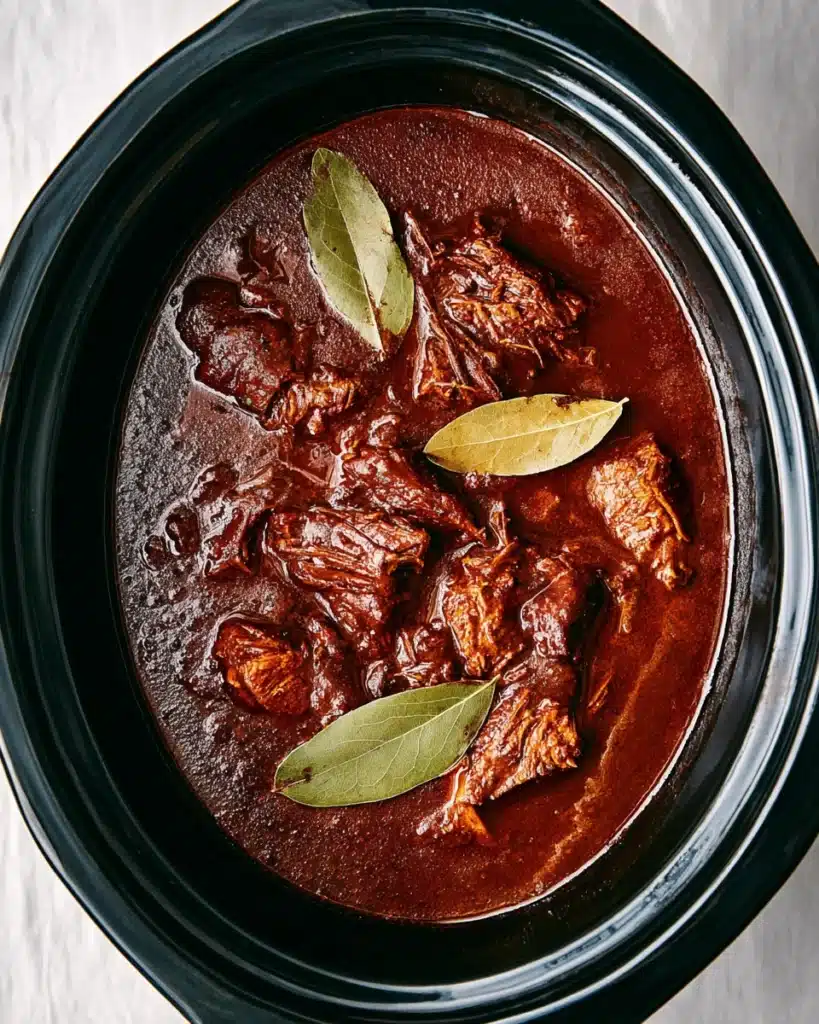 Slow Cooker Birria (Tender & Flavorful Mexican Beef Stew) 2 Birria beef simmering in red sauce with bay leaves in a slow cooker