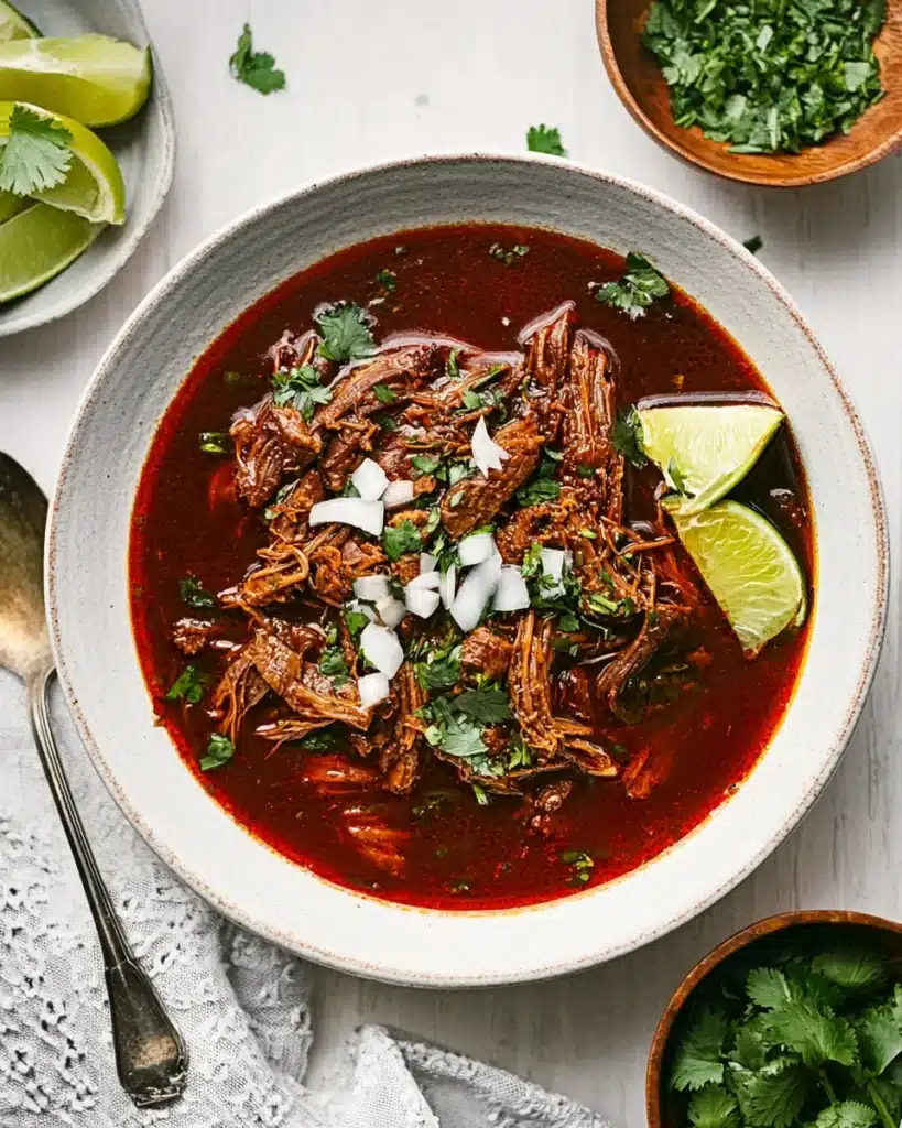 Slow Cooker Birria (Tender & Flavorful Mexican Beef Stew) 4 Bowl of birria with shredded beef, onion, cilantro, and lime in red broth
