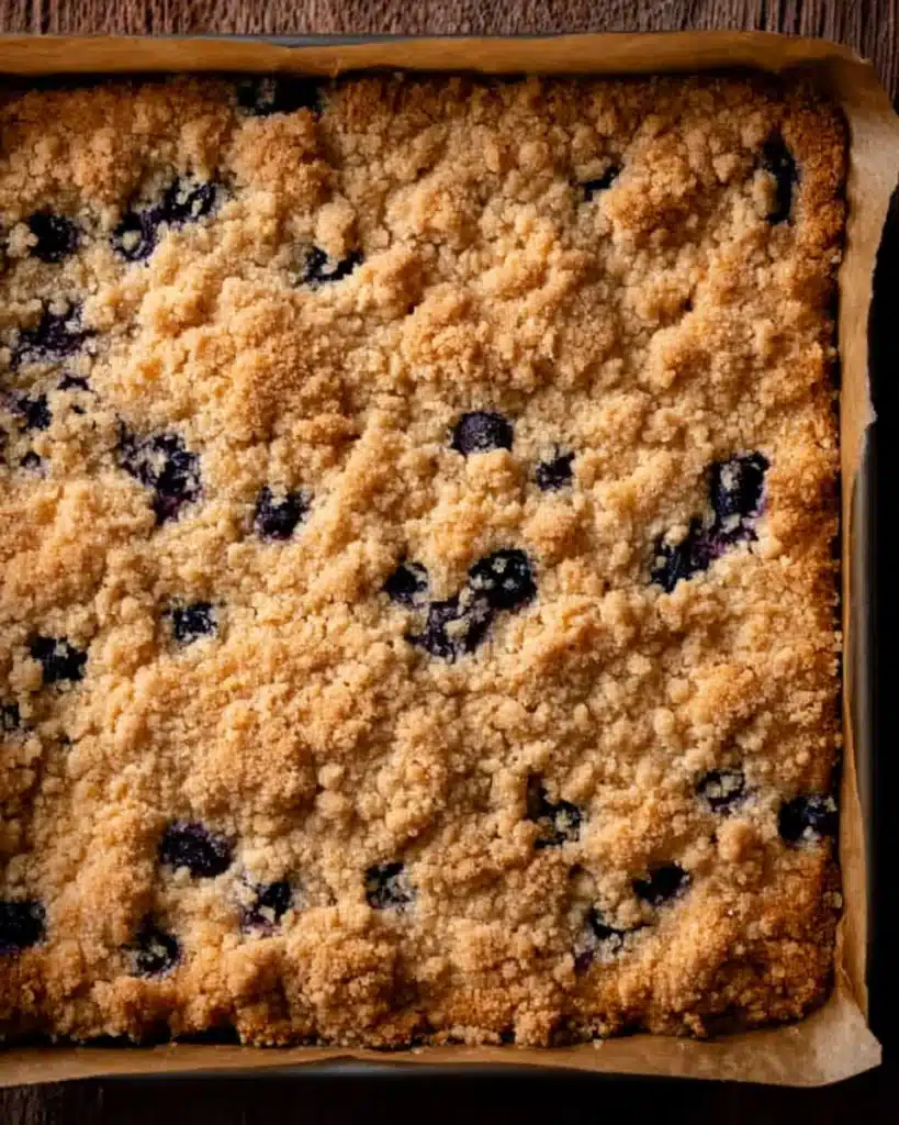 Freshly baked blueberry coffee cake with golden crumb topping