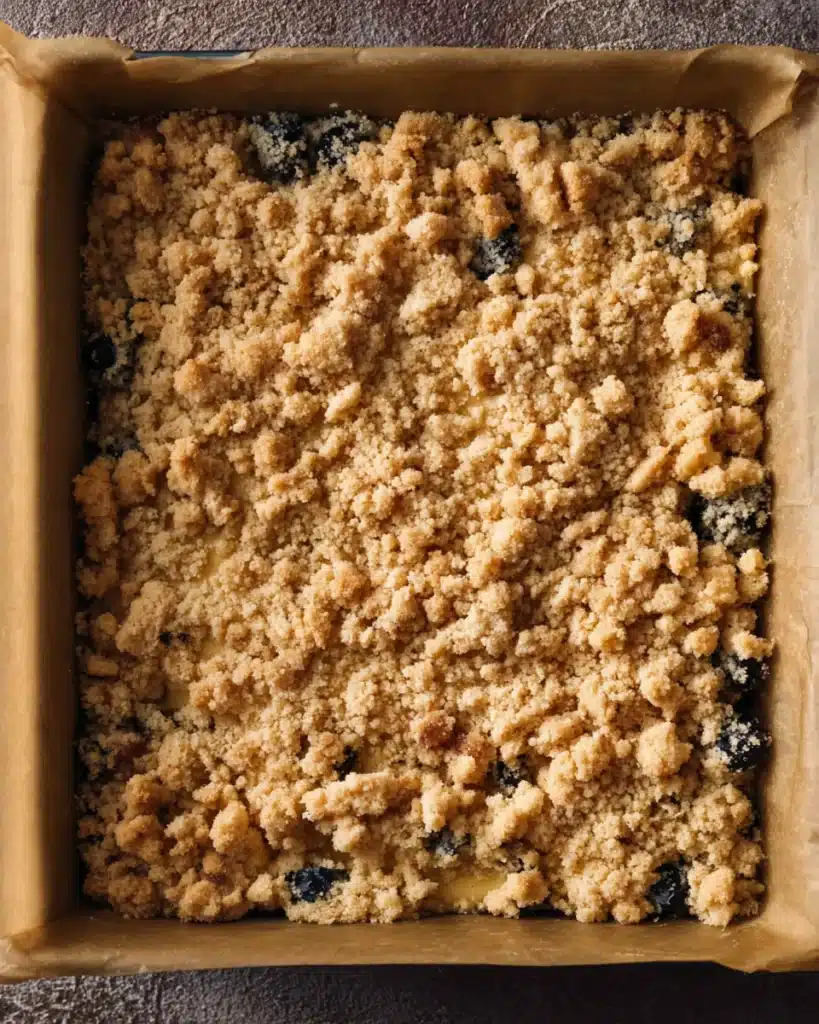 Unbaked blueberry coffee cake with crumb topping in a baking pan