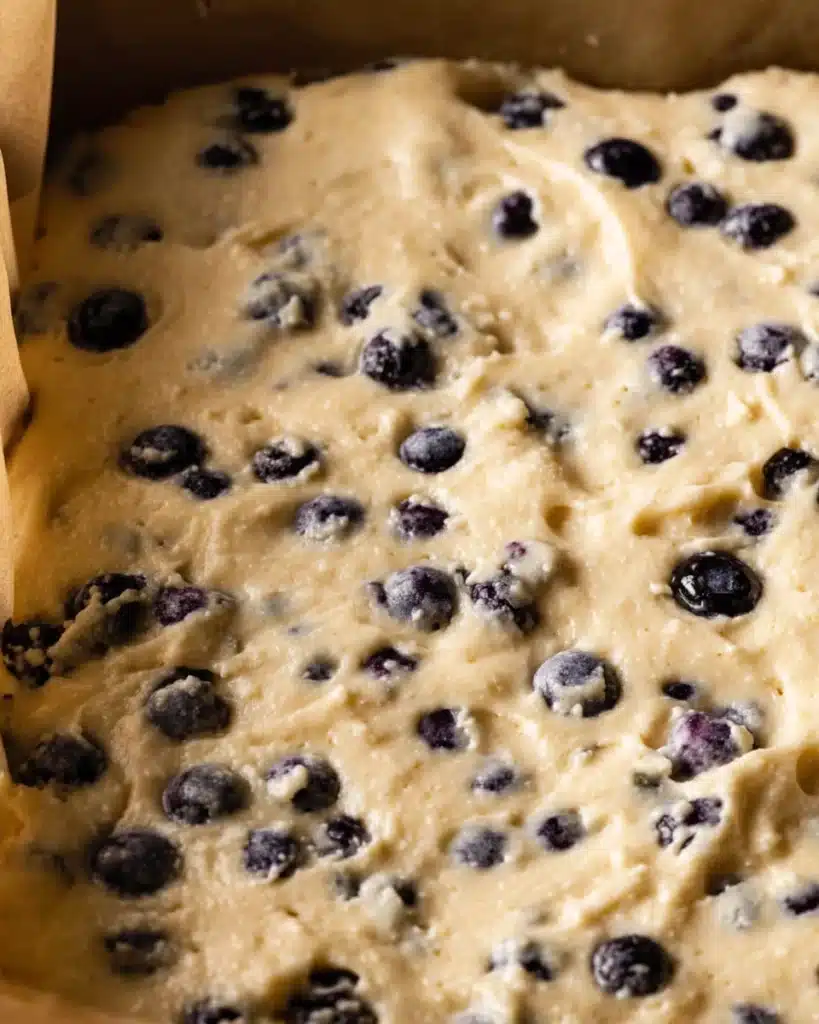 Blueberry coffee cake batter with fresh blueberries in baking pan