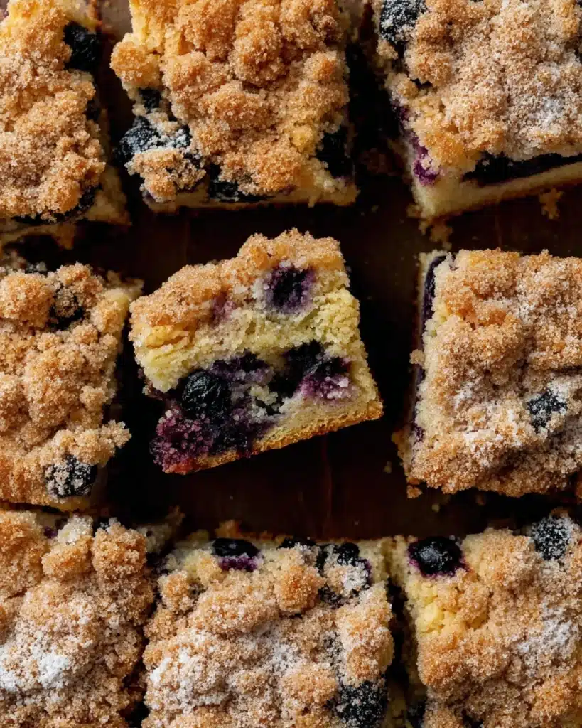 Top-down view of blueberry coffee cake squares with crumb topping