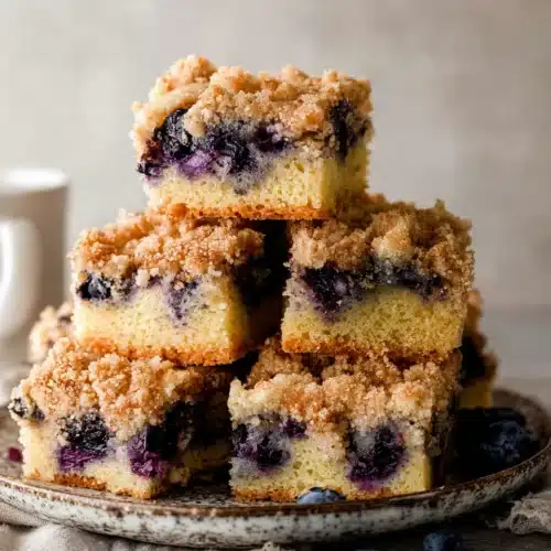 Moist blueberry coffee cake squares with crumb topping on a rustic plate