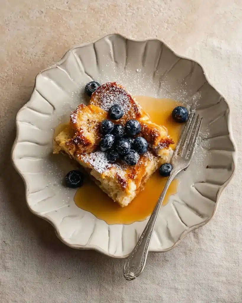 Slice of brioche French toast casserole with blueberries and syrup on a plate