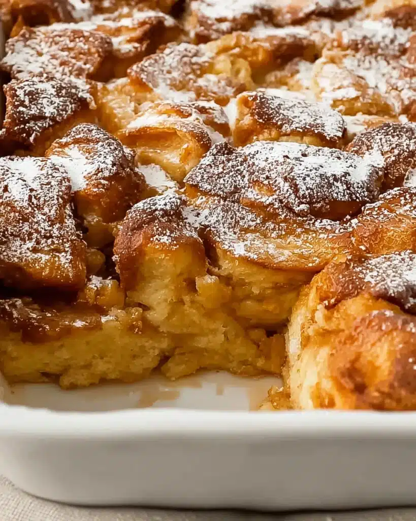 Golden brioche French toast casserole dusted with powdered sugar in a white dish