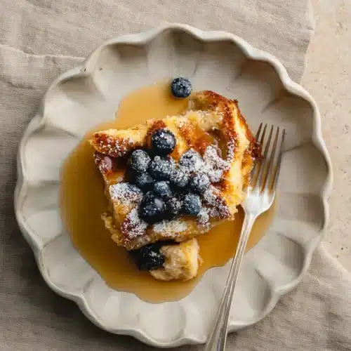 Brioche French toast casserole slice with syrup and powdered sugar on a plate