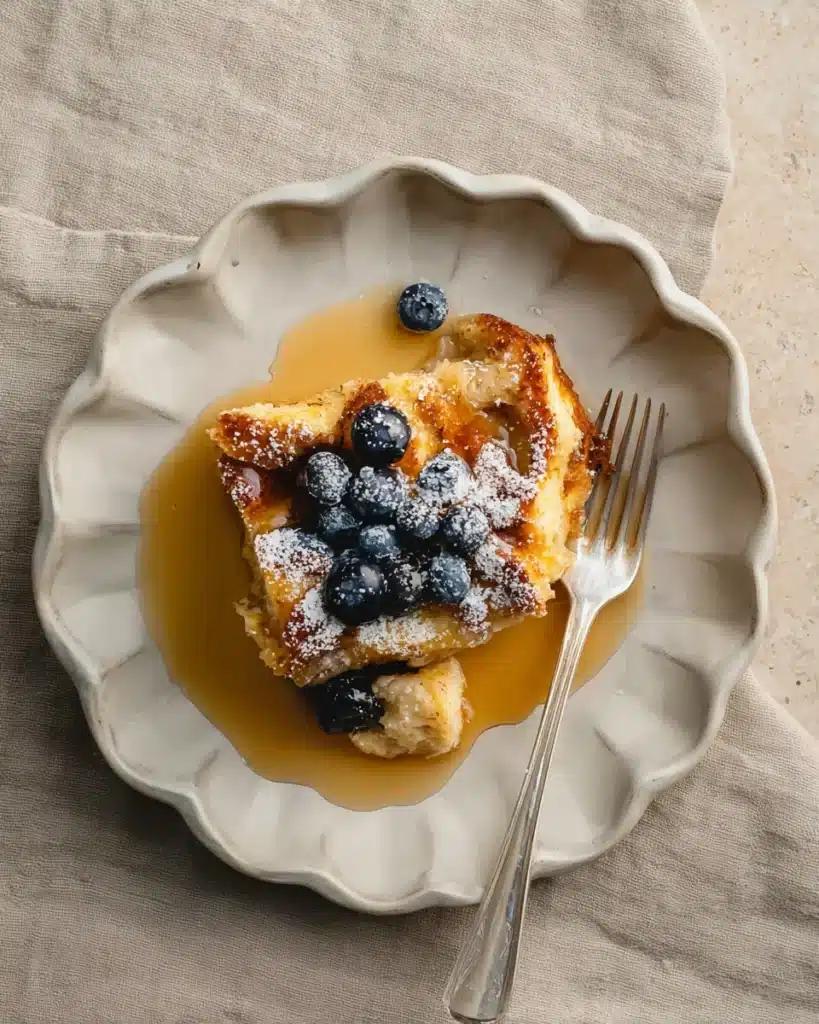 Brioche French toast casserole slice with syrup and powdered sugar on a plate