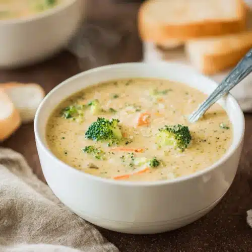 Creamy broccoli cheddar soup in a white bowl with broccoli florets and carrots