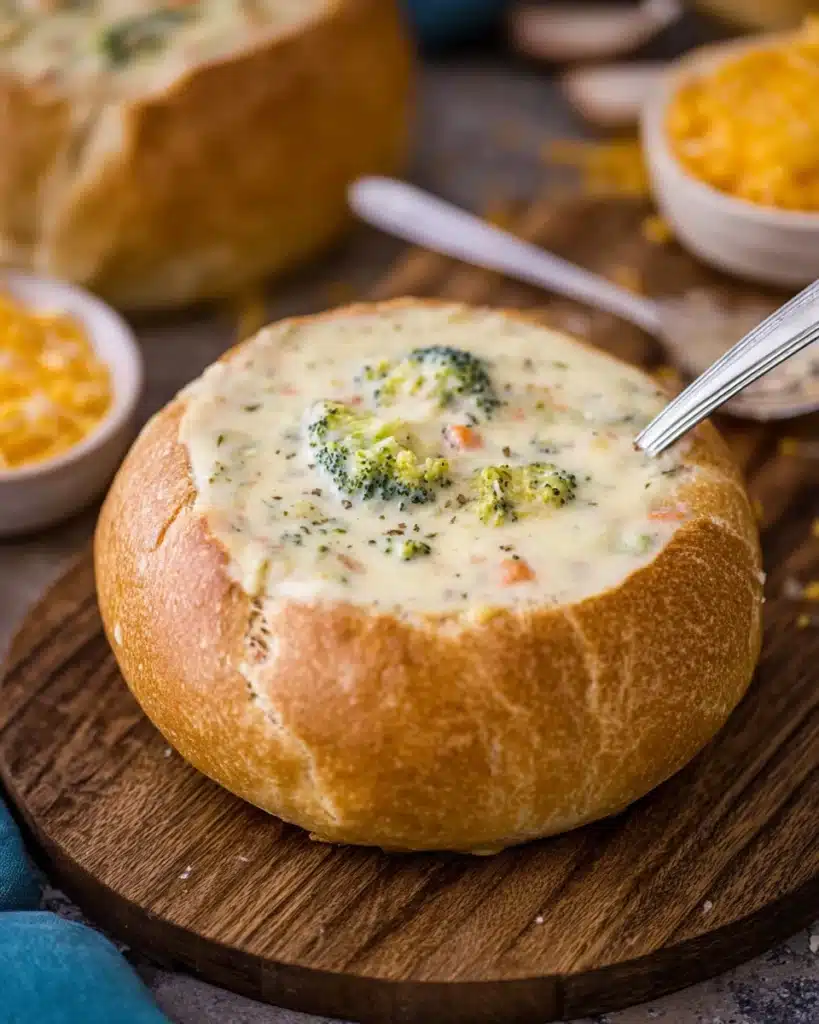 Broccoli cheddar soup served in a bread bowl on a wooden board