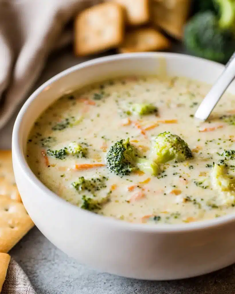 Creamy broccoli cheddar soup in a white bowl with broccoli and carrots