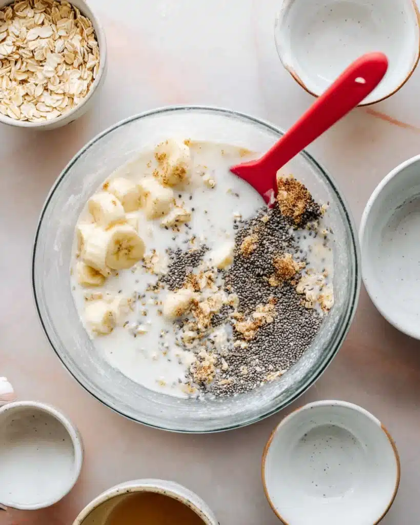 Ingredients for brown sugar overnight oats with milk and bananas in a glass bowl before mixing
