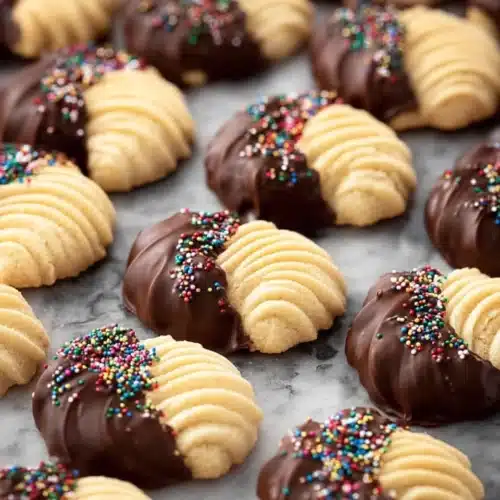 Butter Cookies 5 Butter cookies dipped in chocolate with colorful sprinkles arranged on a tray