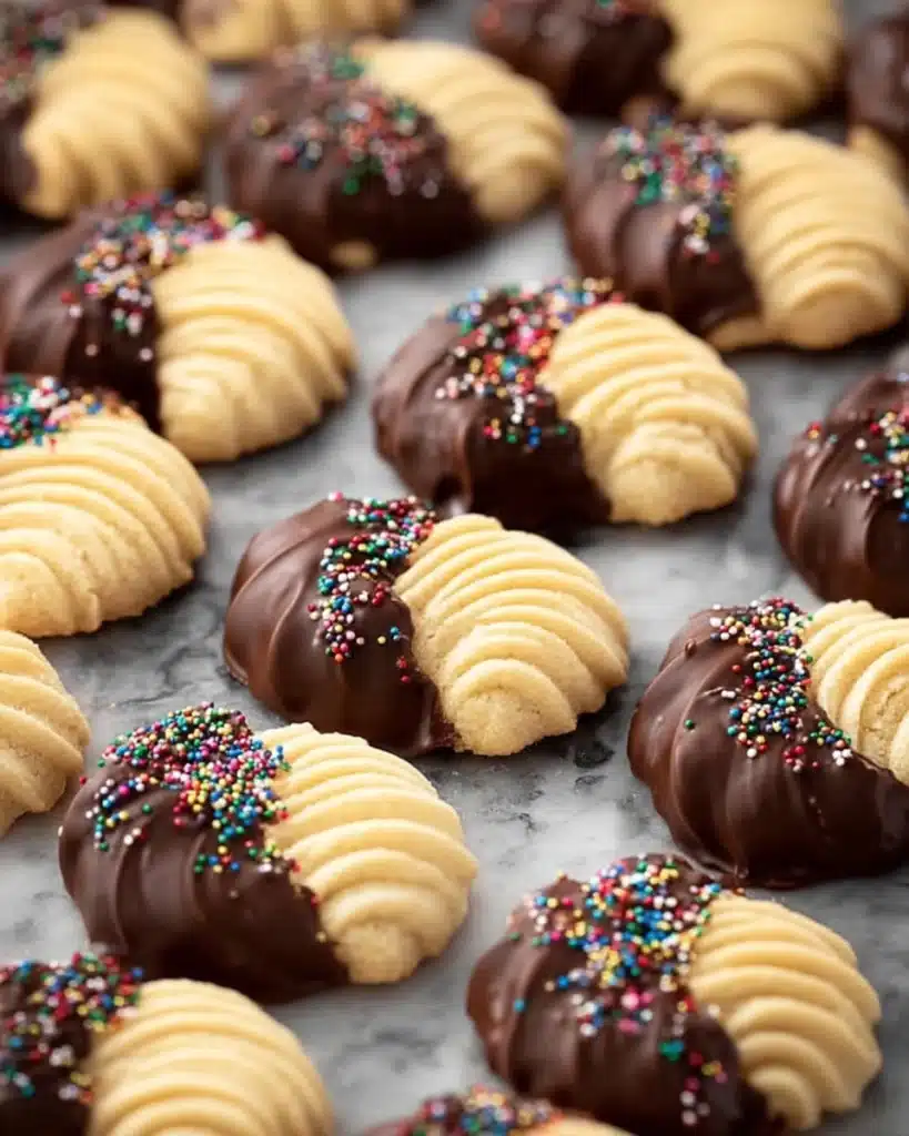 Butter Cookies 1 Butter cookies dipped in chocolate with colorful sprinkles arranged on a tray