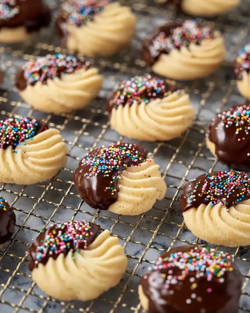 Butter Cookies 4 Chocolate dipped butter cookies with sprinkles cooling on a rack