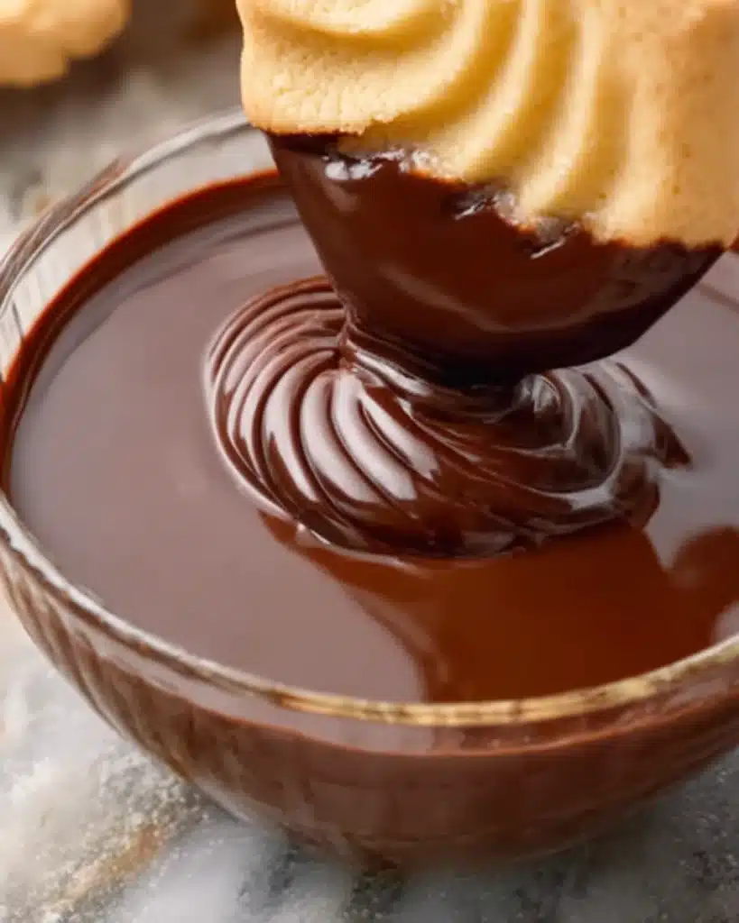 Butter Cookies 3 Butter cookie being dipped into melted chocolate in a glass bowl