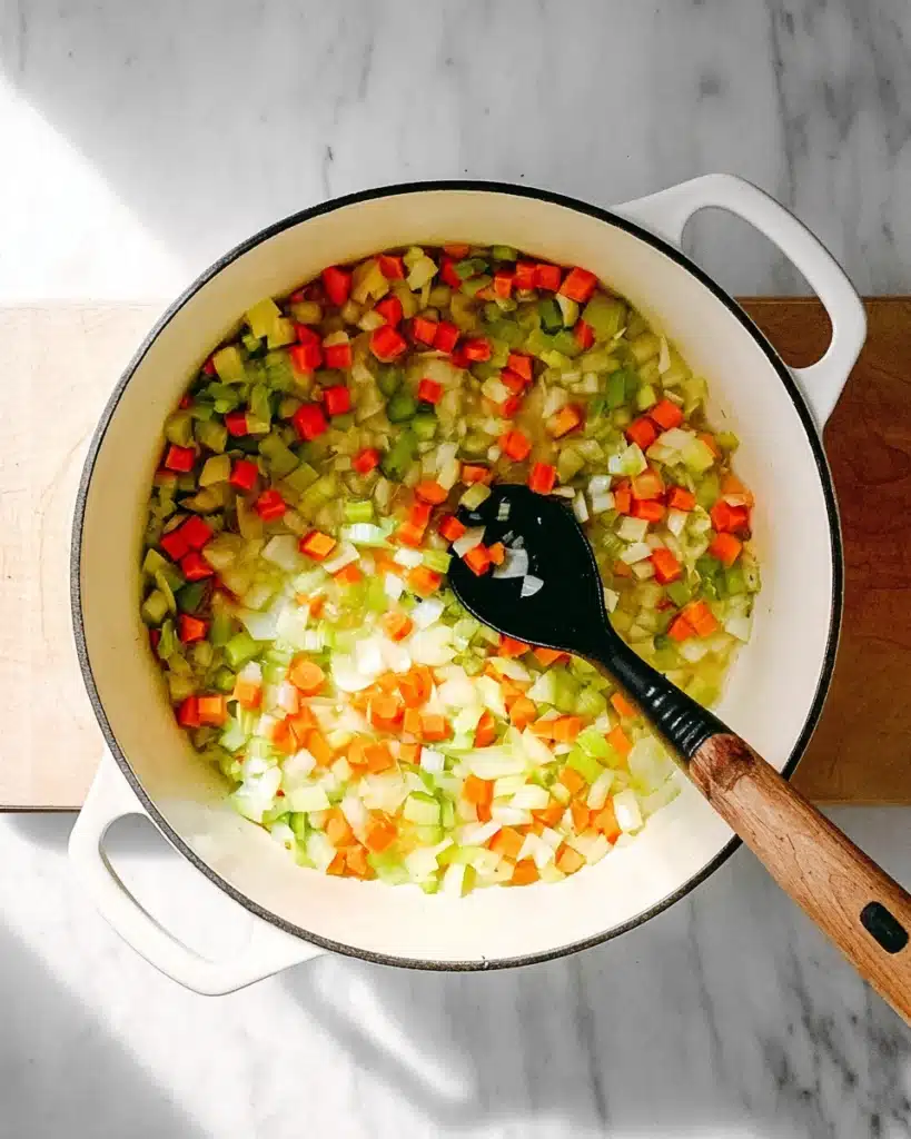 Sautéing onions, carrots, and celery in a Dutch oven for cabbage soup