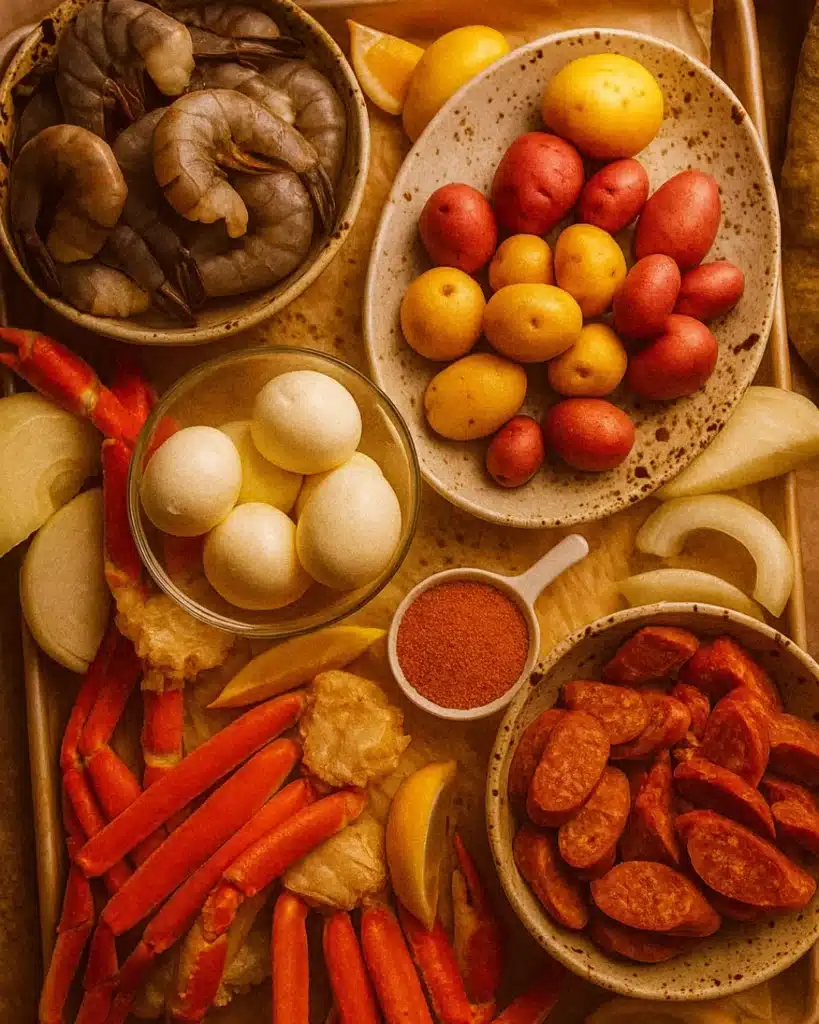 Cajun seafood boil ingredients with shrimp, crab legs, sausage, and potatoes