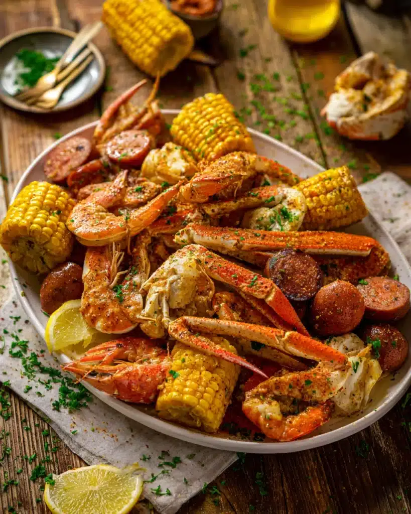 Cajun seafood boil with shrimp, crab legs, corn, and sausage in garlic butter sauce