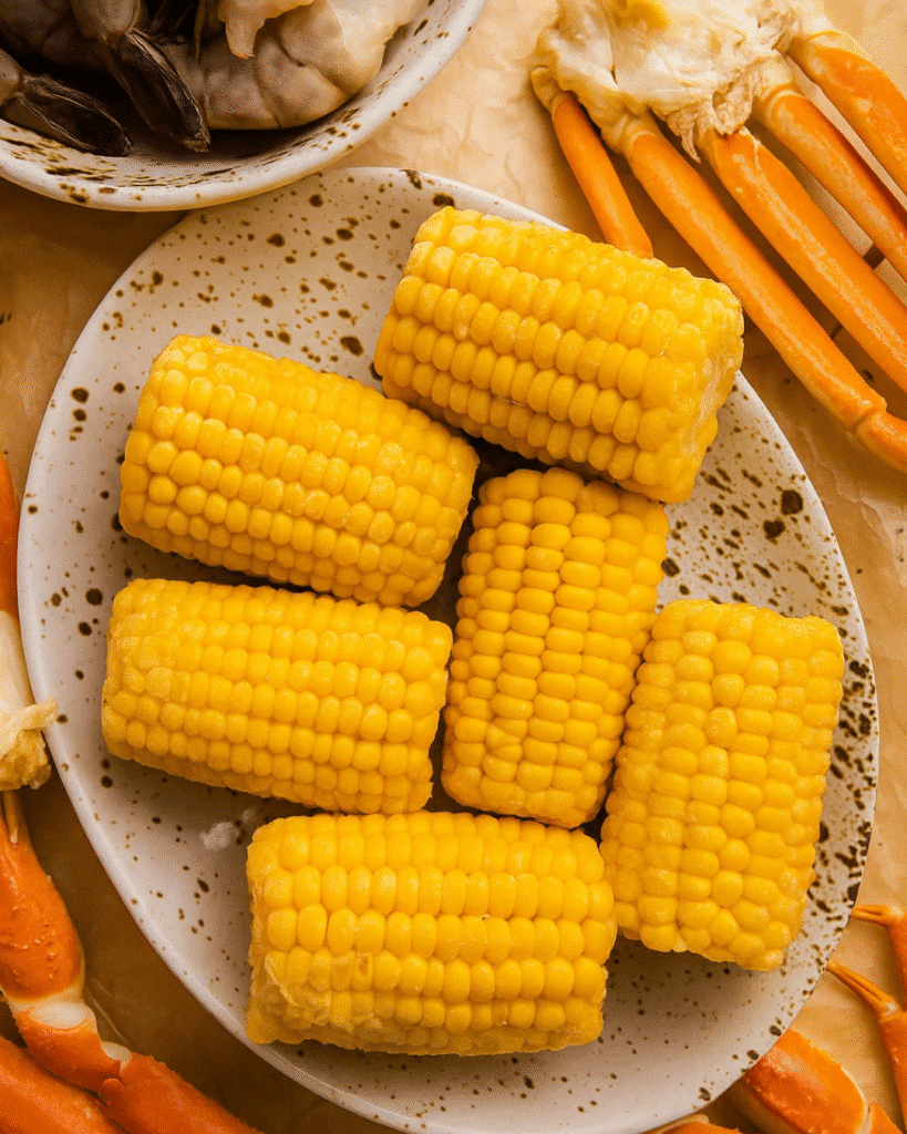 Cajun seafood boil ingredients with corn on the cob, shrimp, and crab legs