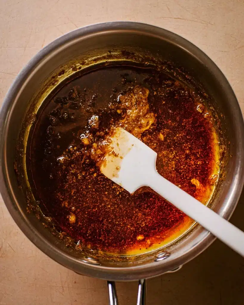 Cajun garlic butter sauce simmering in stainless steel saucepan with spatula