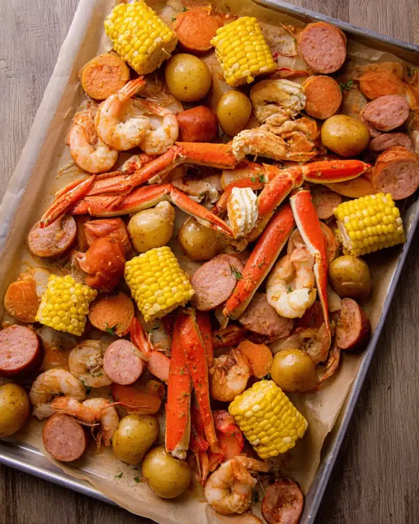 Cajun seafood boil with shrimp, crab legs, corn, potatoes, and sausage on baking sheet